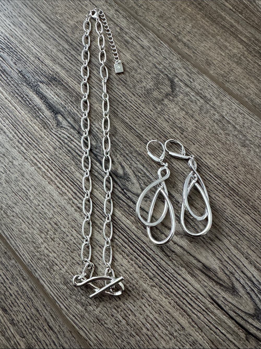 Silver Double Teardrop Hoop Earrings and Link Chain Necklace - Silver